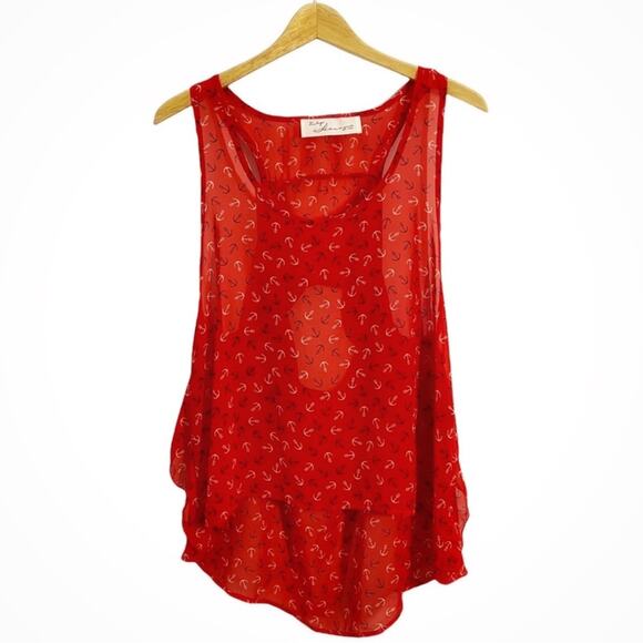 Vintage Havana Red White & Blue Sheer Anchor Print Ruffle Cut Out Back Top, M* - Picture 1 of 10